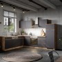Moderne Küche mit Held Möbel Eckschrank Turin in Graphit/Wotaneiche und passenden Küchenmöbeln.