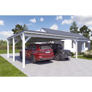 Holzbrüder Doppelcarport Ralf, reinweiß mit dunkelgrauem Blechdach, 700x600cm, mit zwei parkenden Autos.