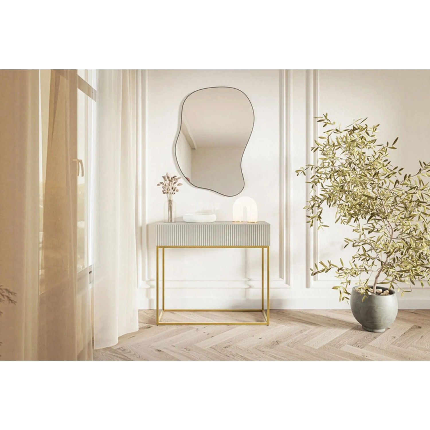 Selsey Veldio Konsolentisch 90 cm, greige mit Lamellenfront, goldene Beine, in hellem Wohnambiente.
