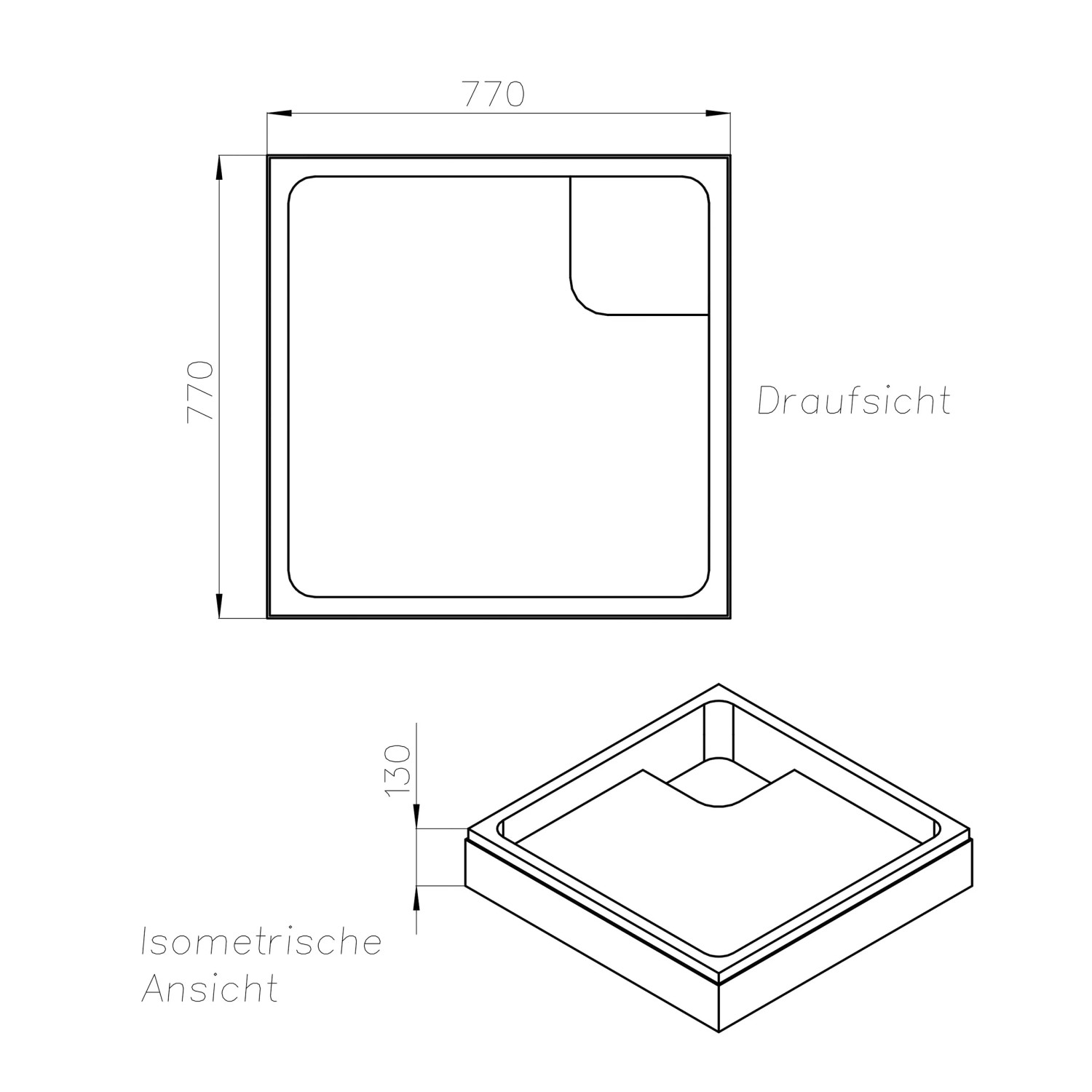Technische Zeichnung Ottofond Duschwanne Q, 80x80 cm, Set mit Ablaufgarnitur und Wannenträger.