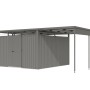 Karibu Metallgerätehaus Amato mit Anbaudach, graues Gerätehaus aus Metall mit Doppeltür und Überdachung.