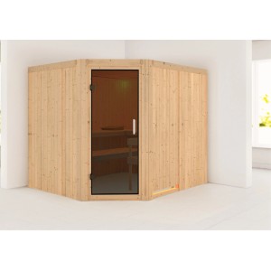 Karibu Sauna Natur, Elementsauna aus Fichte mit Glastür und Liegen im Innenraum.