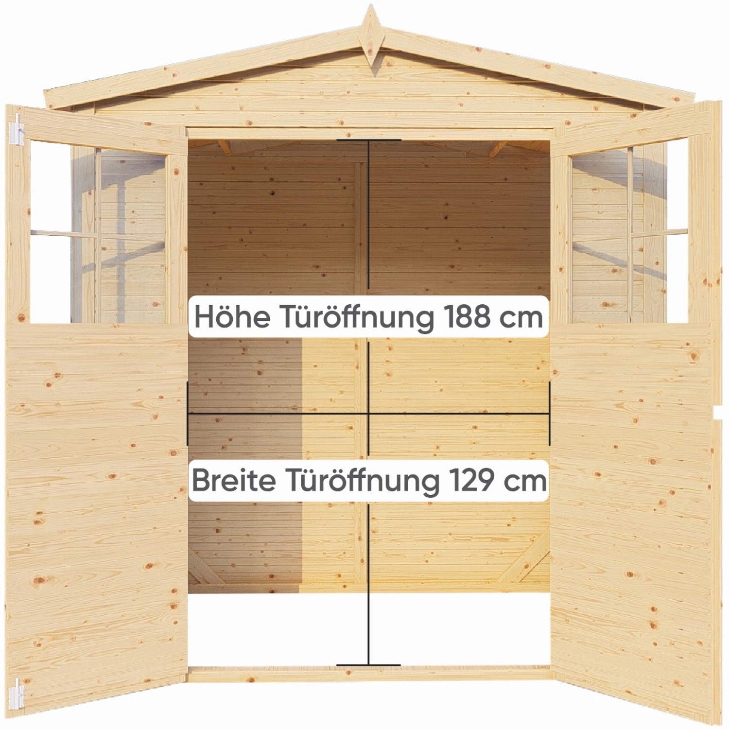 Offenes, naturbelassenes Bertilo Gerätehaus aus Holz mit Plexiglasfenstern und den Maßen 103x207 cm.