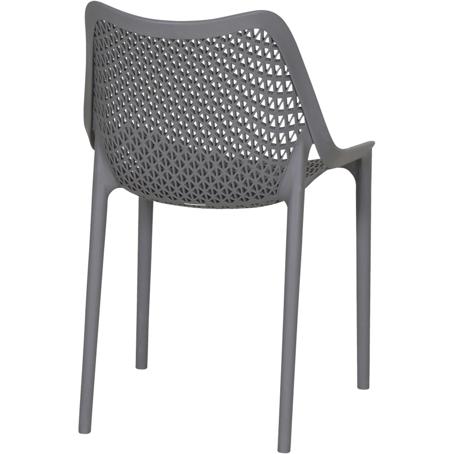 Grauer Siena Garden District Stapelsessel mit offenem, geometrischem Design.