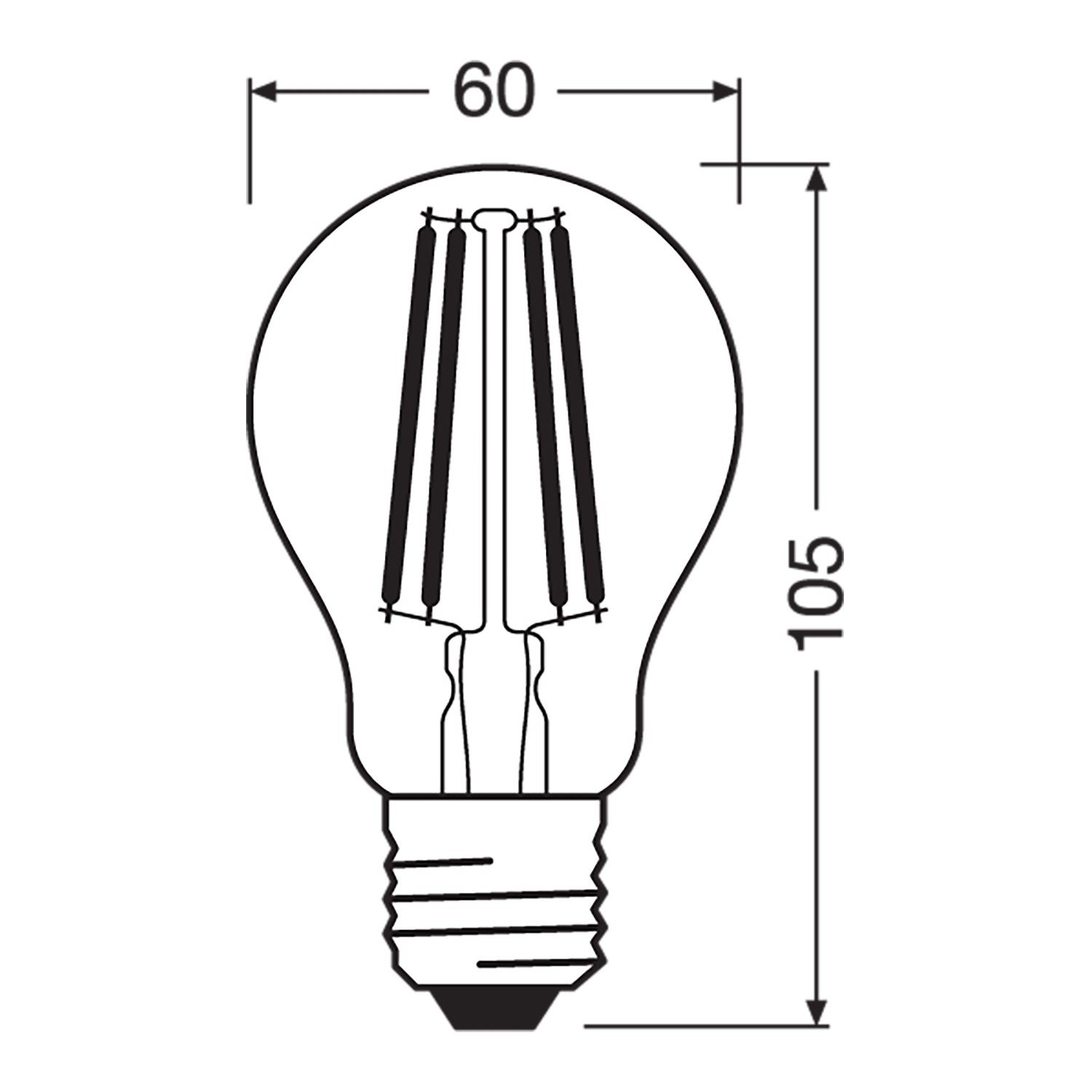 Skizze einer LEDVANCE E27 LED Lampe in Glühlampenform mit Maßangaben (10,5 x 6 cm).