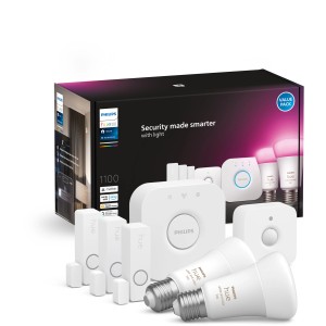 Philips Hue Secure Starter-Set mit Kontaktsensor, Bewegungssensor, 2 Lampen und Bridge.