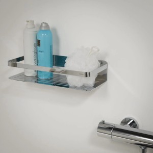 Tiger Duschkorb Caddy Chrom, 32 cm, mit Duschgel, Rasierschaum und Badeschwamm.