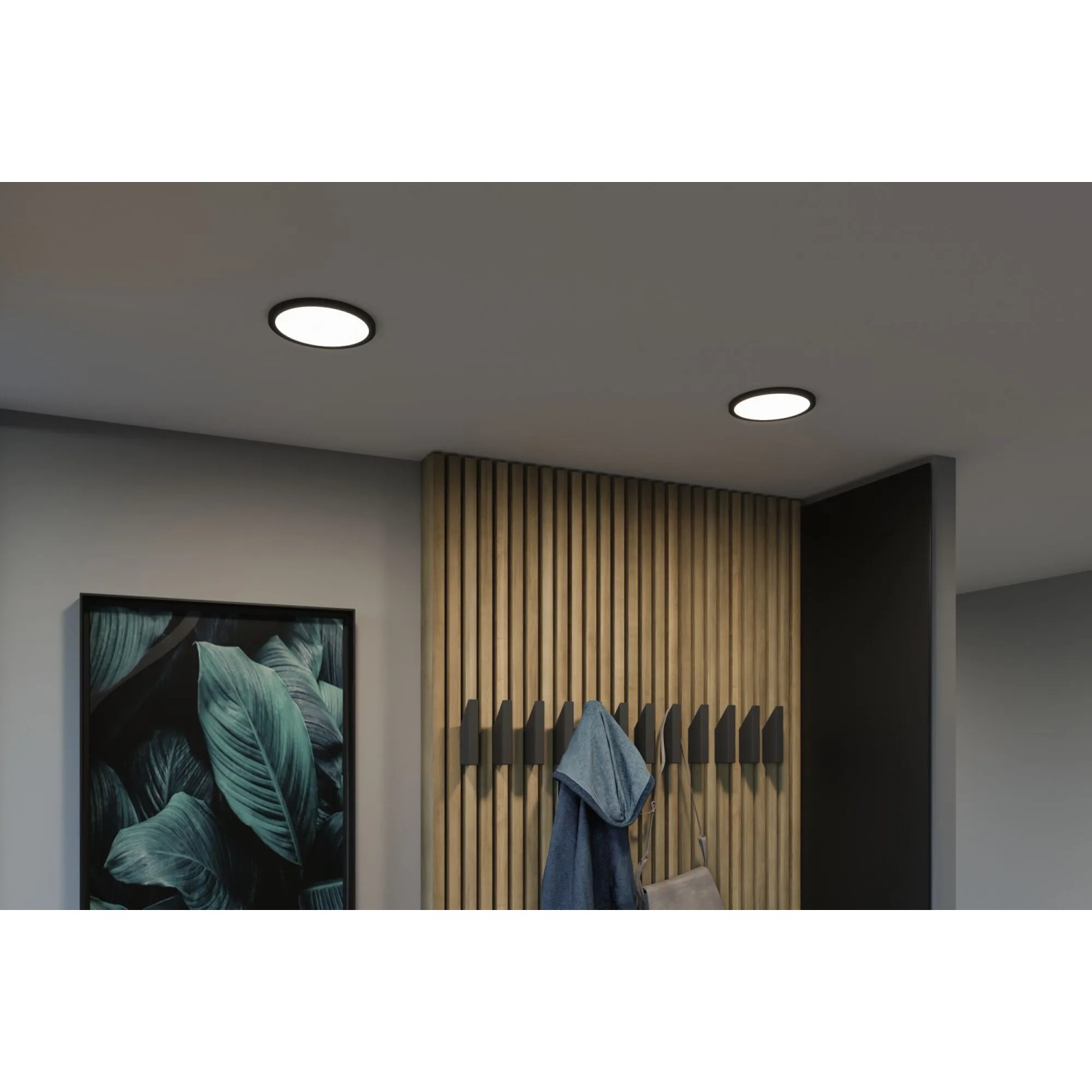 Schwarzes Paulmann LED-Einbaupanel Areo VariFit, 17,5 cm, im modernen Flur.