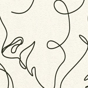 Weiße Vliestapete mit schwarzen Fine Line Gesichtern und strukturierter Oberfläche. Dekorative Wandgestaltung.