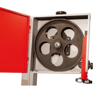 Detailaufnahme: Holzmann HBS400 Holzbandsäge, Sägebandführung und Laufrad sichtbar.