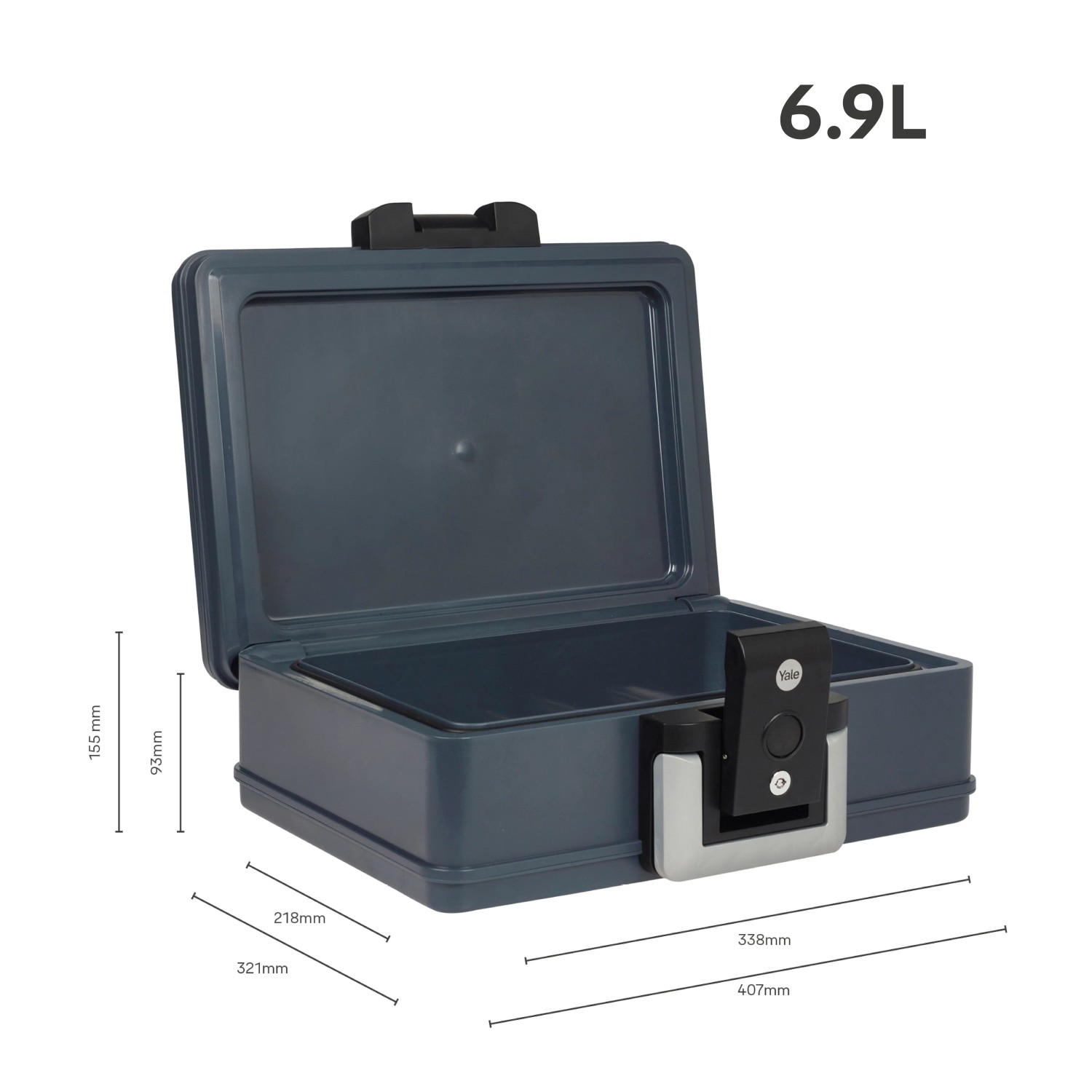 Offene, graue Yale Feuer- und Wasserschutz-Kassette (6,9 l) mit Tragegriff und Schloss. Ideal zur Dokumentenaufbewahrung.