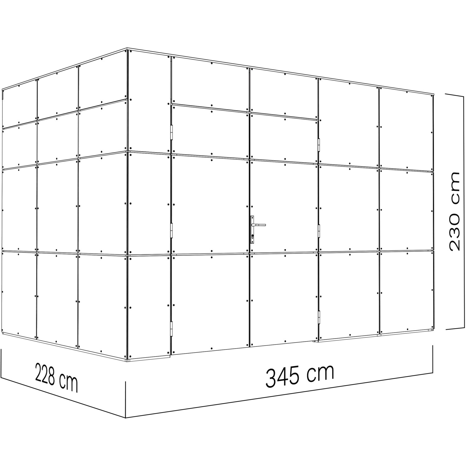 Bertilo Gartenhaus HPL 2 Anthrazit-Grau, 228x345 cm, Holz-Gartenhaus mit Tür und Maßangaben.