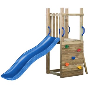 SwingKing Spielturm Irma mit blauer Rutsche und Kletterwand für Kinder.