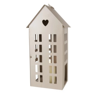 Beige Metall Laterne Alamo im Hausdesign, 35 cm hoch, mit Herz-Ausschnitt für stimmungsvolle Beleuchtung.