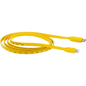 Gelbes Schwaiger Lightning auf USB-C Kabel (1,2 m) mit aufgedrucktem Maßband.
