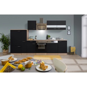 Respekta Küchenzeile KB310ESSSC, 310 cm, Schwarz/Eiche Sägerau, mit E-Geräten.