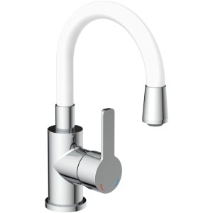 Eisl Waschtischarmatur mit flexiblem, weißem Auslauf und Chrom-Finish.