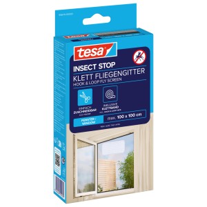 tesa Insect Stop Klett Fliegengitter für Fenster, weiße Verpackung mit Anwendungsbeispiel.