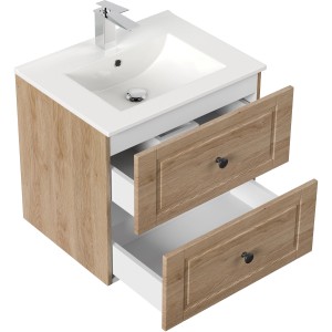 Posseik Waschbeckenunterschrank Cottage Eiche hell, 62 cm breit, mit zwei offenen Schubladen.