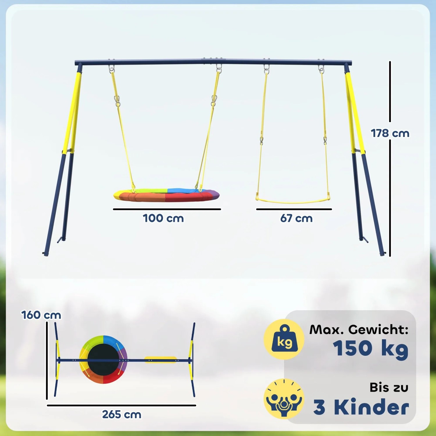AIYAPLAY Schaukelgestell aus Stahl mit bunter Nestschaukel und klassischer Schaukel, blau-gelb, bis 150kg.