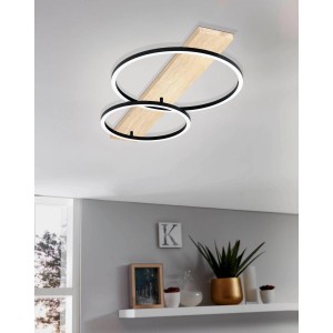 Moderne LED Deckenleuchte Boyal in Schwarz-Braun mit Holz-Optik, 2 x 12 W.