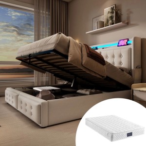 okwish Polsterbett 140x200cm mit LED Kopfteil USB Ladefunktion Jugendzimmer Beige mit Matratze