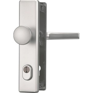 Abus Schutzbeschlag SB 415, Aluminiumfarben, mit beidseitigem Drücker für erhöhte Sicherheit.