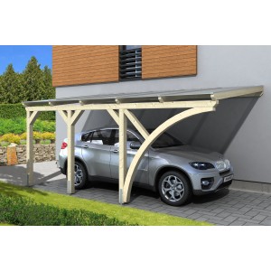 Skan Holz Carport Eifel, 300x541 cm, Natur, mit Auto. Einzelcarport aus Leimholz mit Doppelstegplatten.