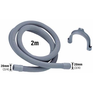 Grauer Ablaufschlauch, 2 m, für Waschmaschine und Spülmaschine mit 20 mm Muffen und Halterung.