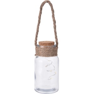 Transparente LED-Flasche (Ø 6,5 cm x 15 cm) mit Korken und Juteseil als Deko-Element.