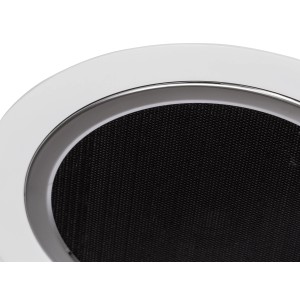 Detailaufnahme: Runde AEG LED-Deckenleuchte Tonic mit Lautsprecher, weiß/chrom.