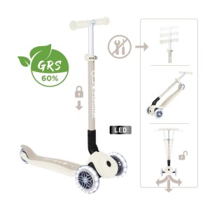 Weißer Globber Primo Foldable Lights Kinderscooter mit 3 leuchtenden LED-Rädern, höhenverstellbar und klappbar für einfachen Transport.