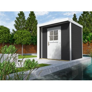 Modernes, anthrazitfarbenes Weka Holz-Gartenhaus mit Flachdach und weißer Tür im Garten.