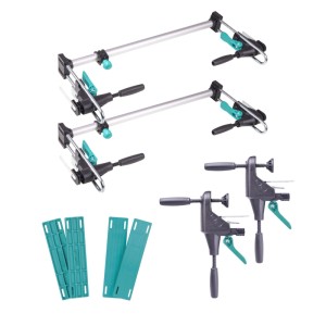 wolfcraft Türfutter-Montageset Pro 8-tlg. mit 3 Streben, 2 Richtzwingen und 4 grünen Montagekeilen für Türrahmen.