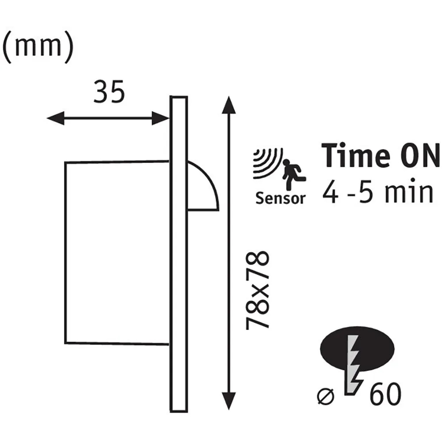 Technische Zeichnung der Paulmann Wandeinbauleuchte EBL mit Maßen und Sensor-Details.