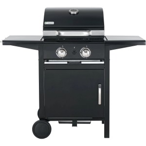 Schwarzer tepro Gasgrill Bloomfield mit zwei Brennern, Seitenablagen und Unterschrank.