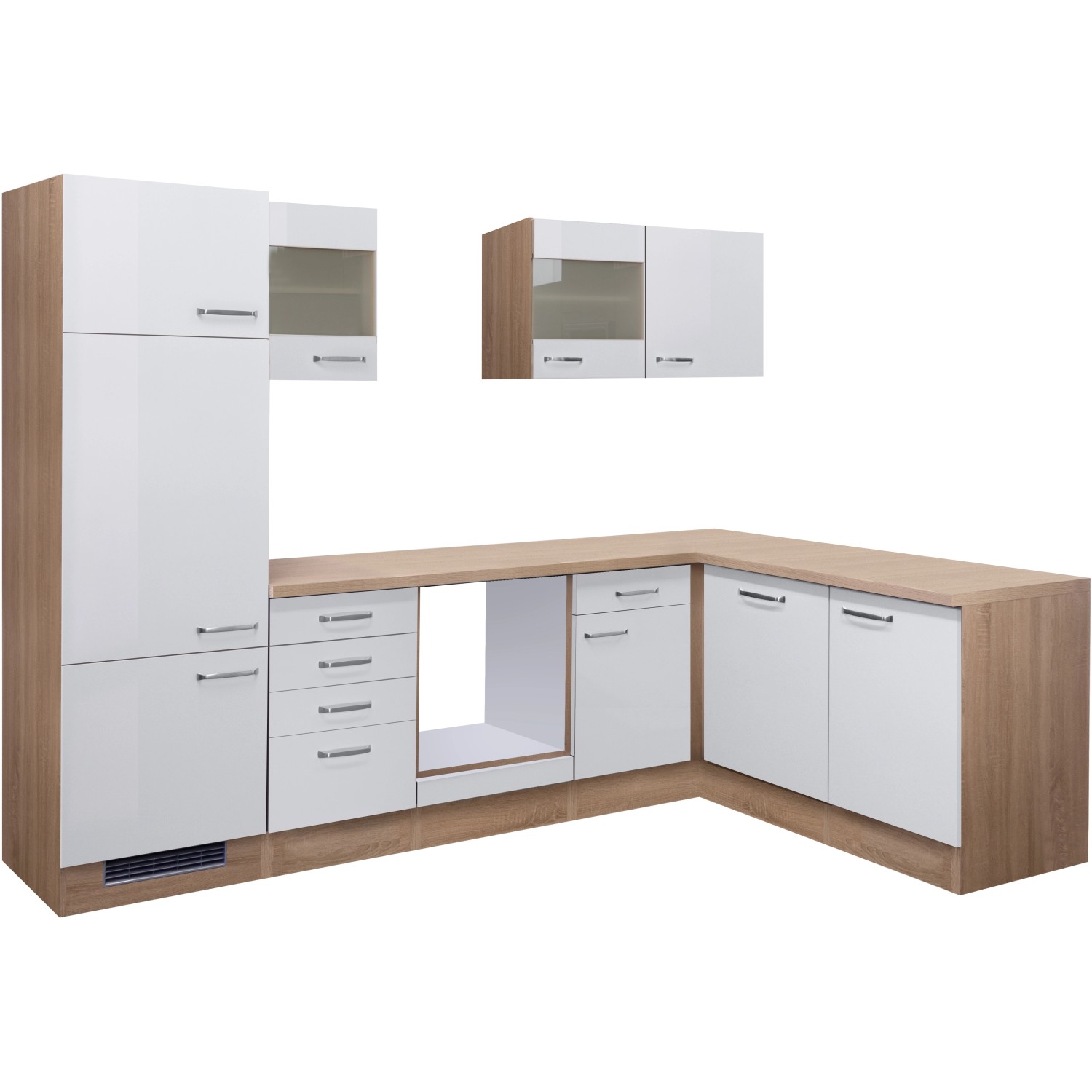 Flex-Well Winkelküche Valero, 280 cm, Weiß Hochglanz, Sonoma Eiche Nachbildung, ohne E-Geräte.