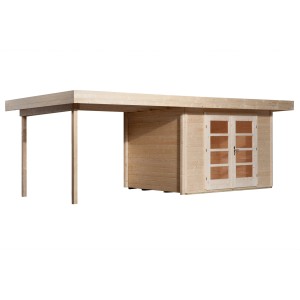 Unbehandeltes Weka Holz-Gartenhaus mit Flachdach und Anbau, 590x375 cm.