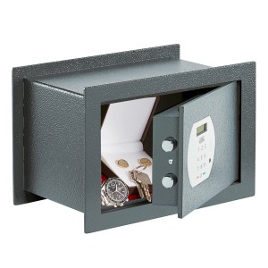 Burg Wächter Wandtresor Pure Safe PSW 120 E Anthrazit, geöffnet mit Inhalt (Uhr, Schmuck, Schlüssel).