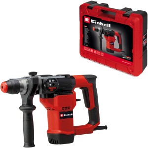 Einhell Bohrhammer TC-RH 28 3F im Koffer: Roter Bohrhammer mit Zusatzhandgriff und Tiefenanschlag.