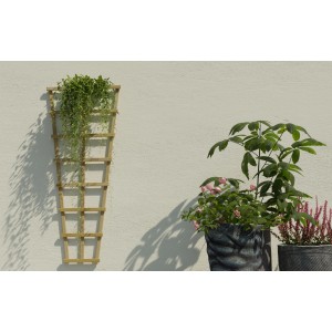 Trapezförmiges Rankgitter aus Holz, 150 cm hoch, an einer Wand befestigt.