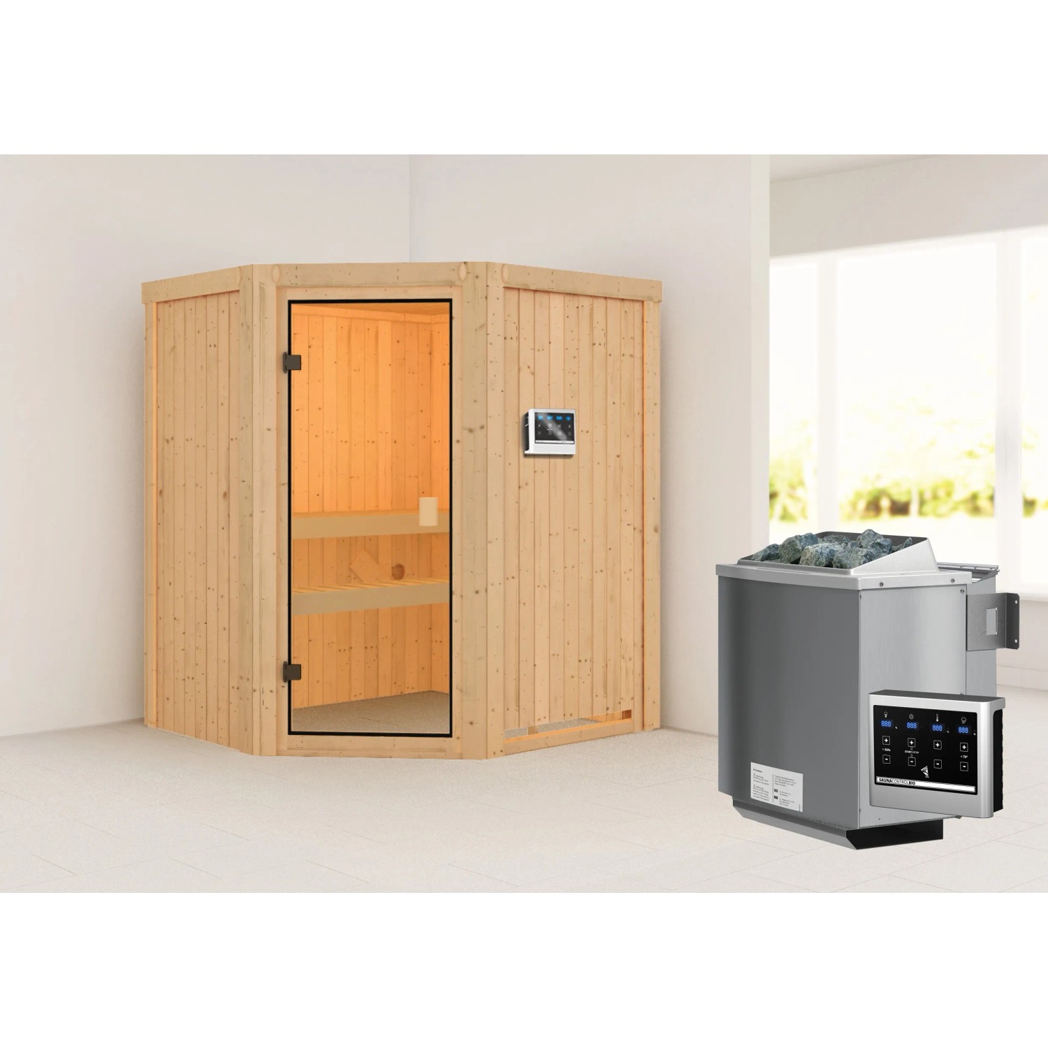Woodfeeling Sauna Faurin mit Bio-Ofen und Glastür, Massivholzsauna für entspannende Momente.
