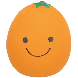 Orangefarbenes Jollypaw Latex Spielzeug, 10 cm, mit aufgedrucktem Gesicht.