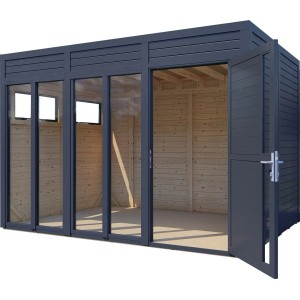 Bertilo Holz-Gartenhaus Cubus 3 Office in Anthrazit mit geöffneter Tür und großen Fensterfronten.