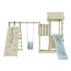 PolarPlay Babyschaukel Farö Eisblau Spielturm mit Rutsche, Schaukel und Kletterwand.