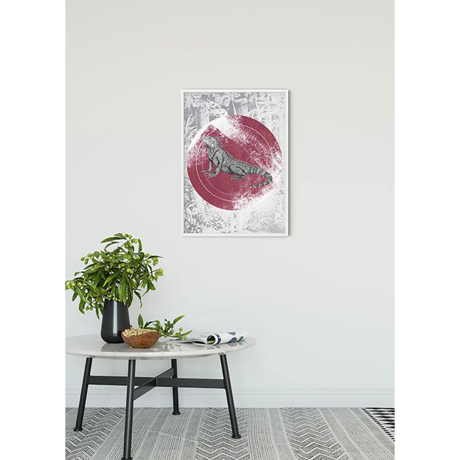Komar Wandbild Iguana Circle, 50x70 cm. Deko-Bild mit Leguan-Motiv im roten Kreis.