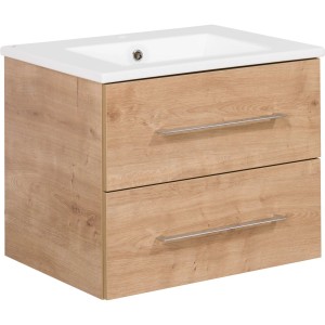 Fackelmann Waschplatz 60 cm, Ast-Eiche Dekor, mit Keramikwaschbecken und zwei Schubladen.