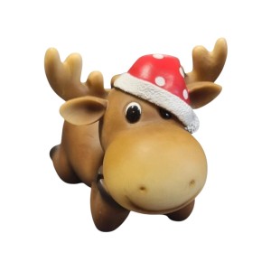 Dekofigur Elch 17 cm aus Polyresin mit roter Weihnachtsmütze. Ideal für festliche Tischdeko.