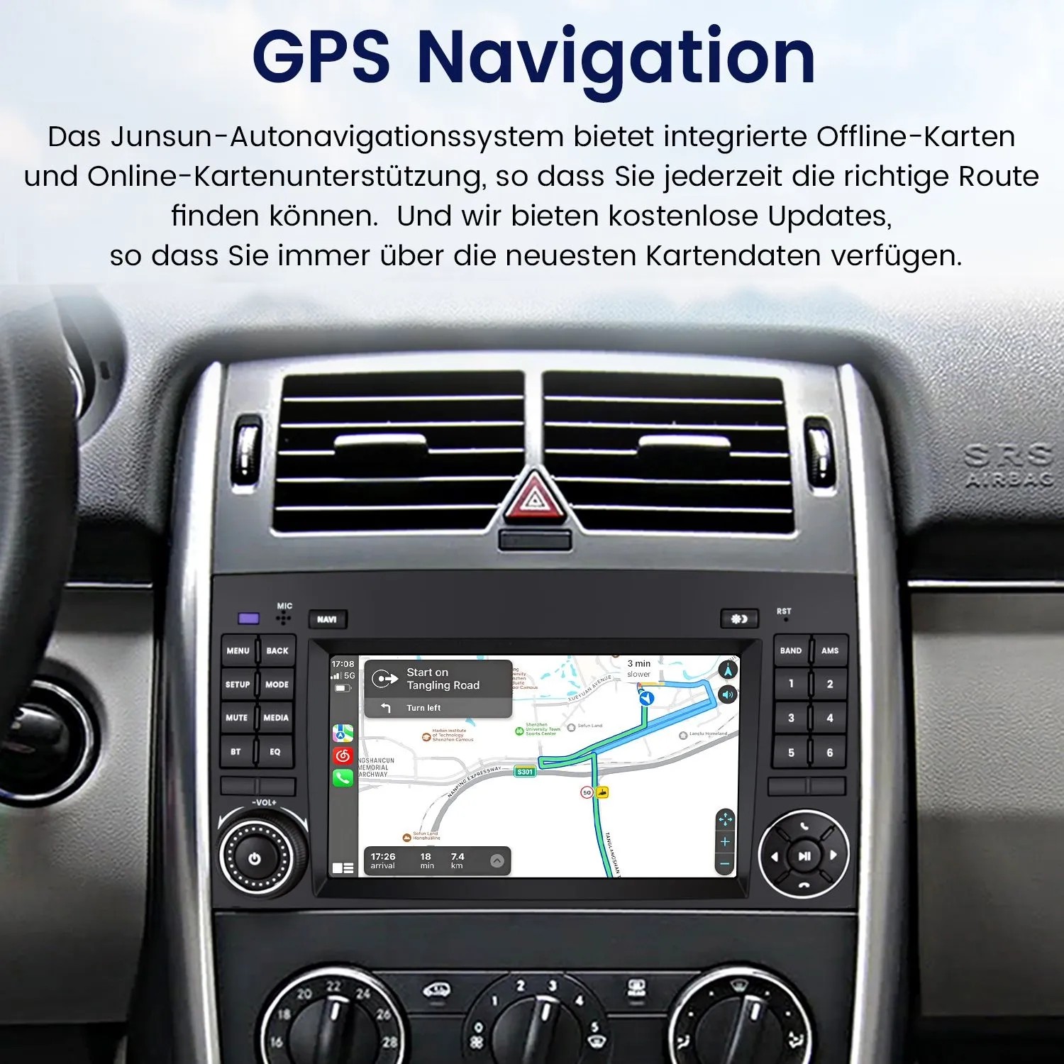 Junsun Autoradio mit GPS Navigation im Mercedes-Benz Armaturenbrett. Zeigt eine Karte mit Routenführung. Autoelektrik.