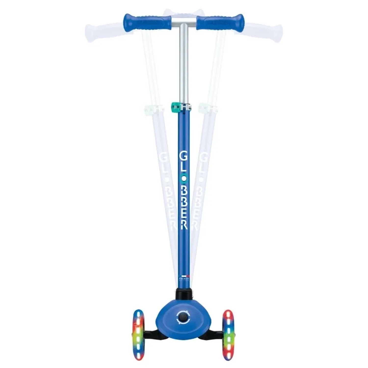 Blauer Globber Primo Plus Kinder Tretroller mit 3 Rädern, höhenverstellbarer Lenkstange und leuchtenden LED-Rollen.
